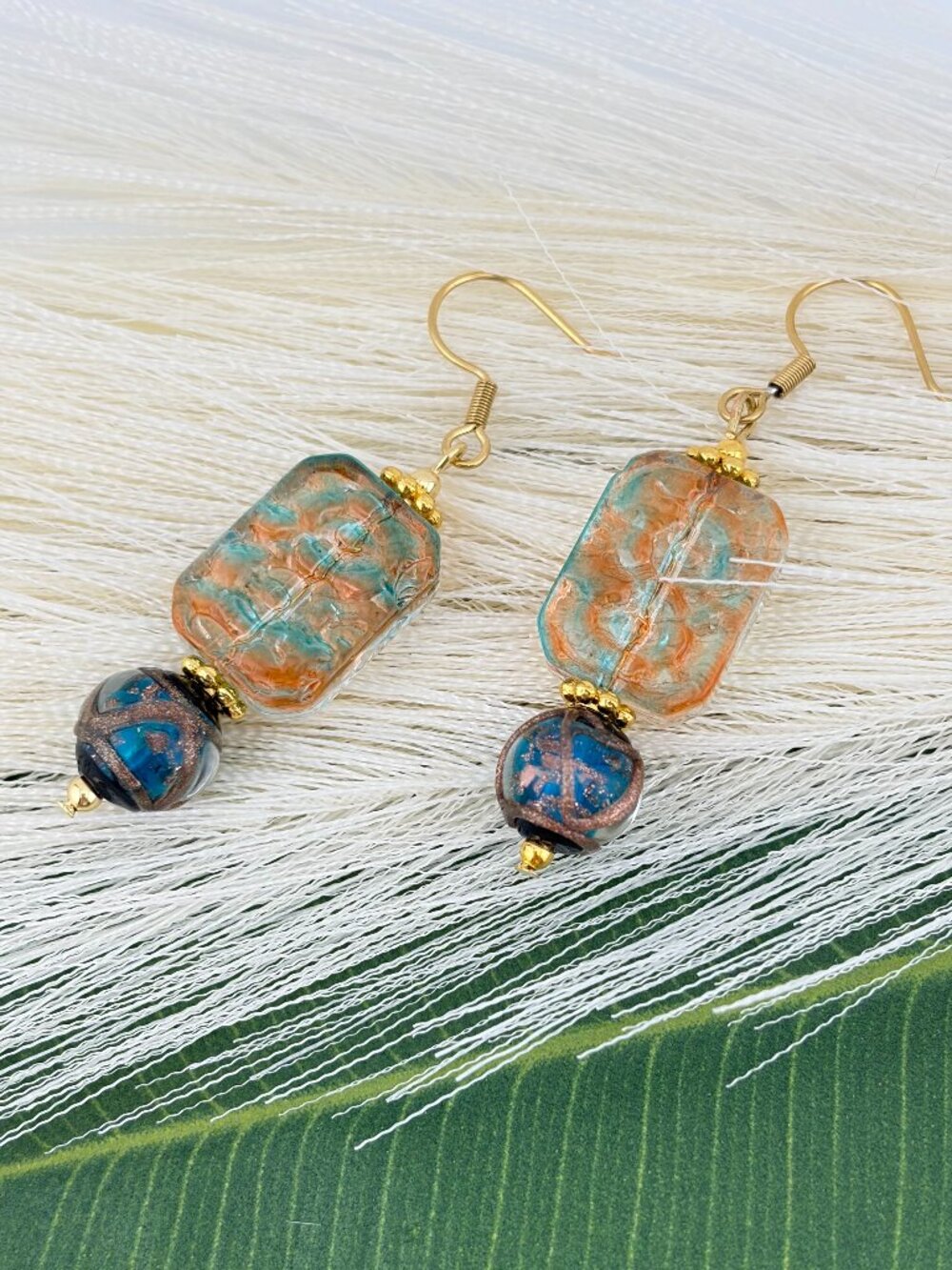 Blue Golden Glitter Glass Bead Gold Accents Handmade Earrings LR227